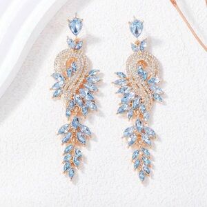Blue Crystal Leaf Drop Earrings - Unbranded